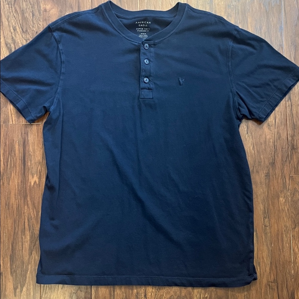 American Eagle Outfitters Men's Dark Blue Henley Tee